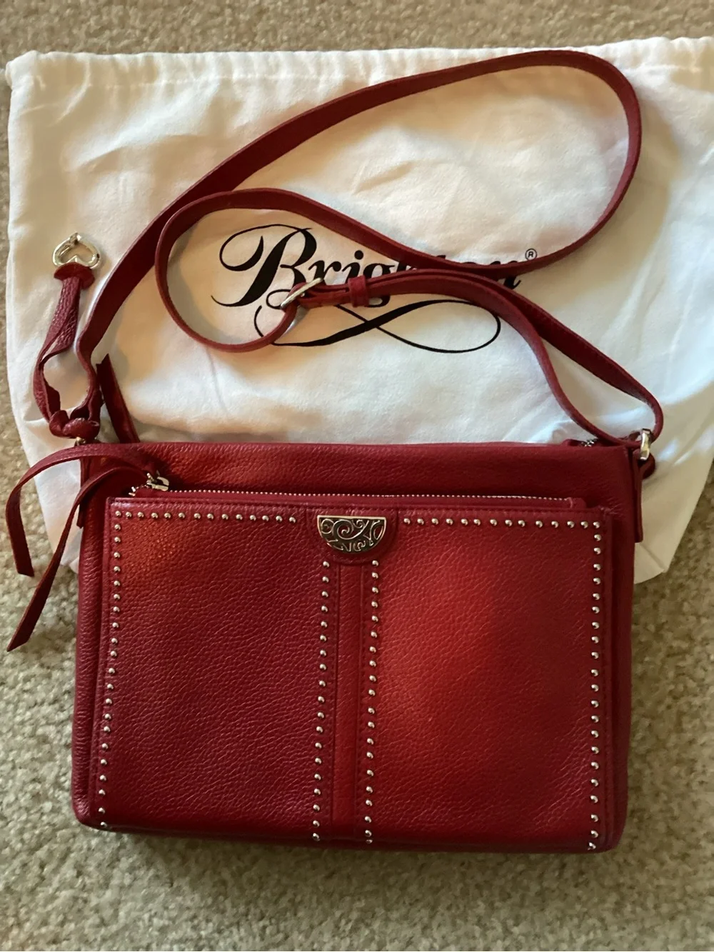 Brighton Red Pebbled Leather Crossbody with Stud Accents